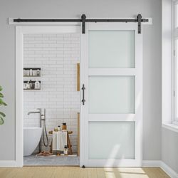 3-Lite Frosted Glass Barn Door Sliding White Finished Solid + Manufactured Wood Closet Pantry Doors with Soft Close,30"x80",White