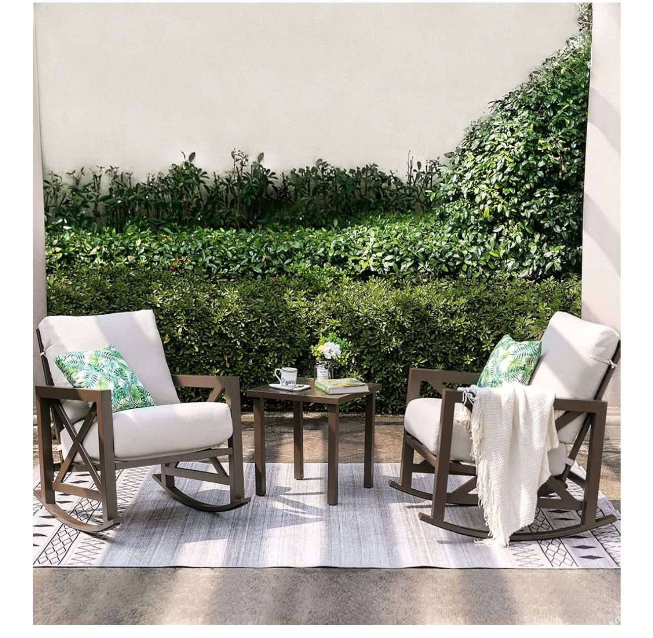NATURAL EXPRESSIONS Rocking Bistro Set, 3 Piece Outdoor Patio Conversation Furniture Set with 2 Rockers and 1 Metal Coffee Table with Thick Cushions,2