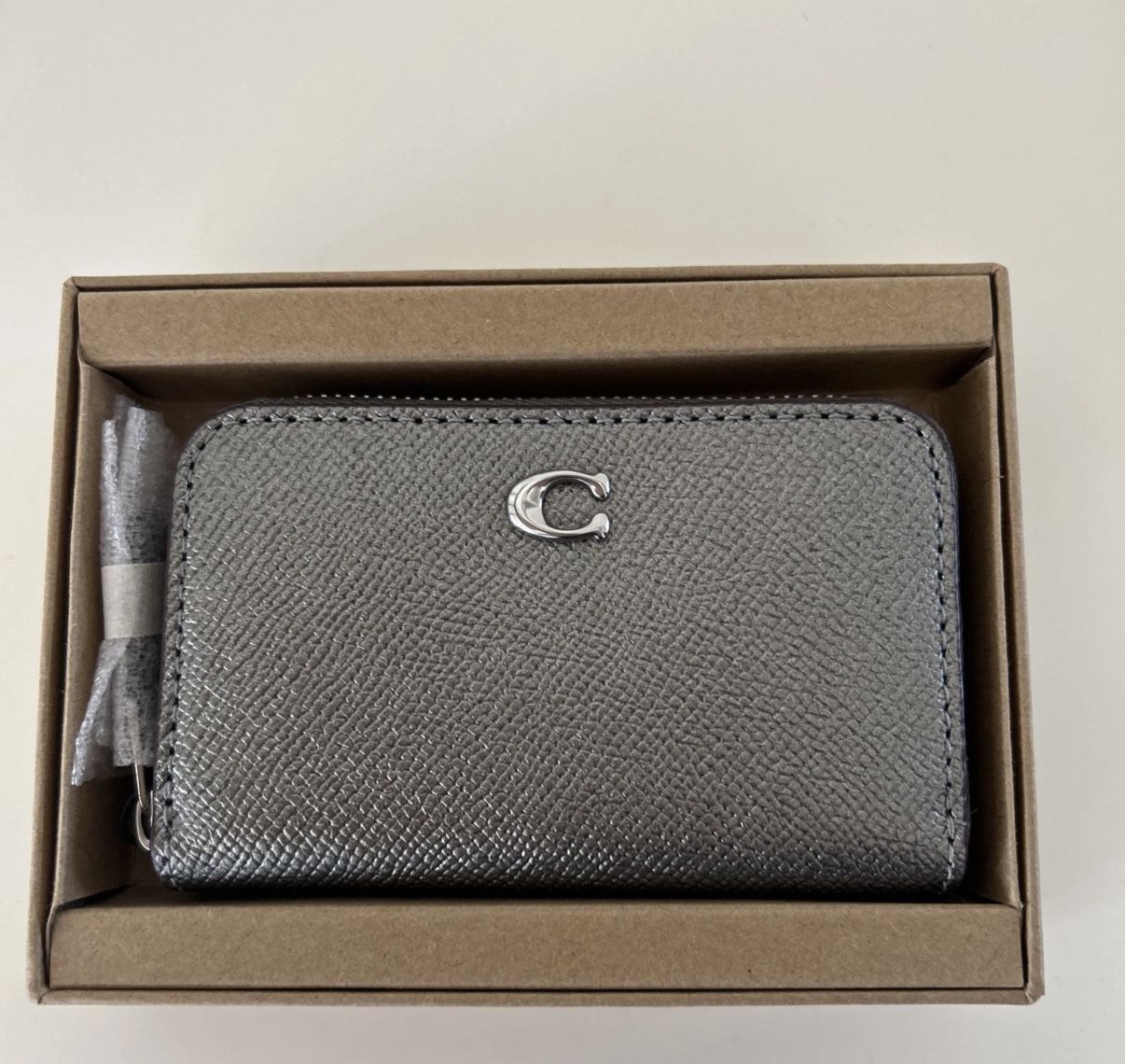 Coach Boxed Metallic Leather Small Card Case Gunmetal