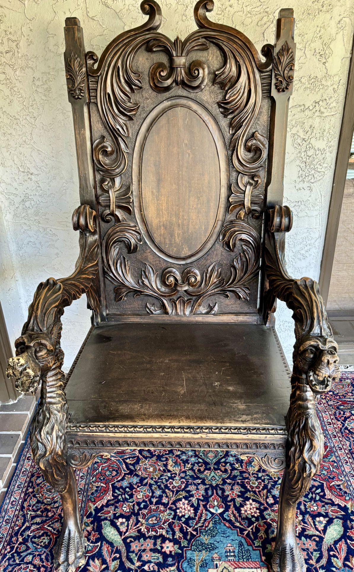 Antique Victorian Gothic Throne Armchair – Late 1800s
