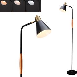 Reading Floor Lamp,Industrial Modern Style,360 Degree Rotatable,Black & Brushed Copper Finsh, Height Adjustable,3 CCT (Black+Wood)