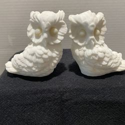 Vintage Pair of White Owls Carved Alabaster Stone