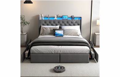 New-Queen Bed Frame with 4 Storage Drawers, LED Bed Frame with Charging Station, Linen Button Upholstered Headboard, Wood Slats Support Noise-Free, No