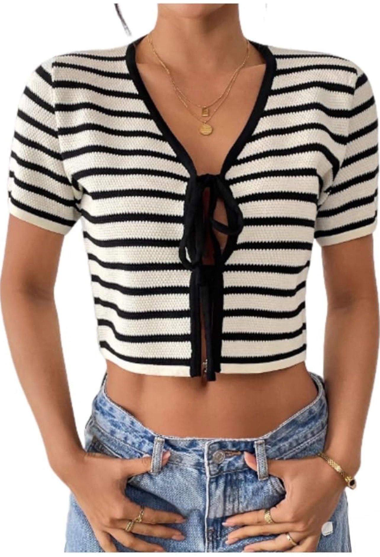 L size Women's Front Lace Up Short Sleeved Ribbed Knitted Shawl Sweater Cardigan with Exposed Navel Top