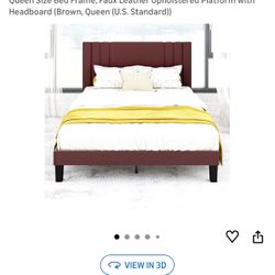 New .. Unopened: Queen Size Bed Frame, Faux Leather Upholstered Platform with Headboard