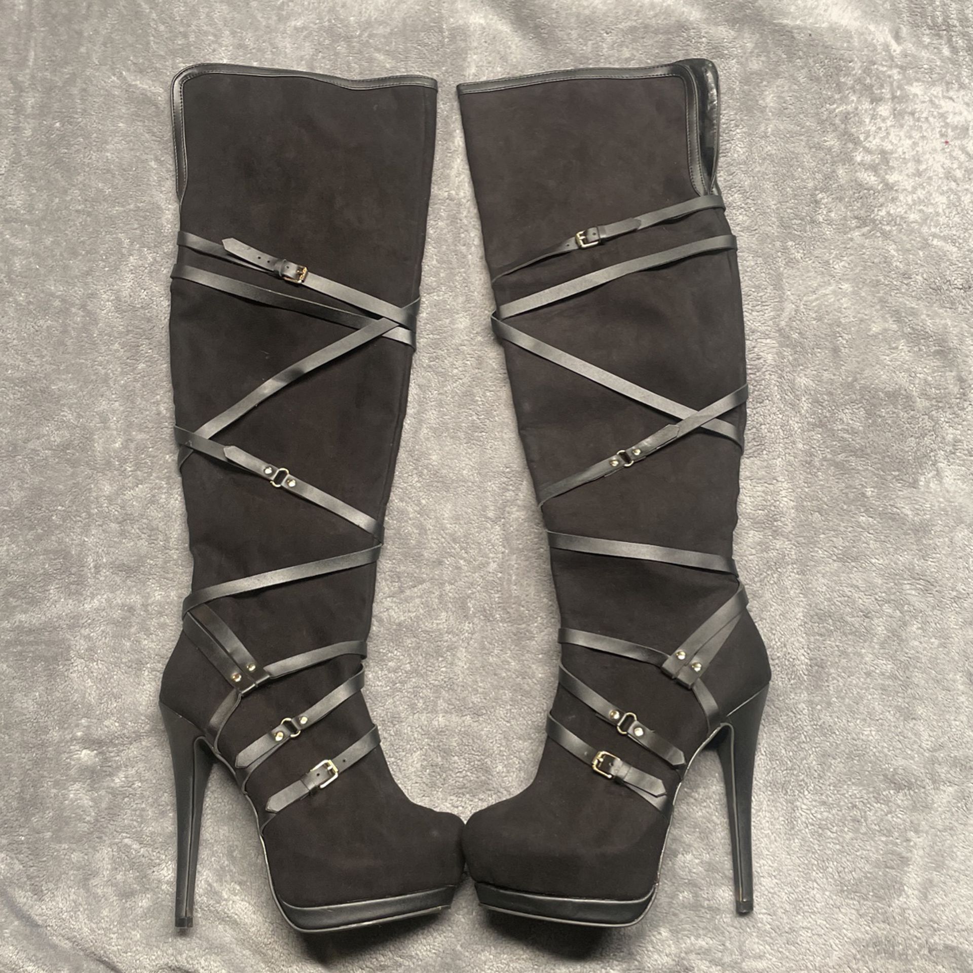 Black Suede Strappy Thigh High Boots