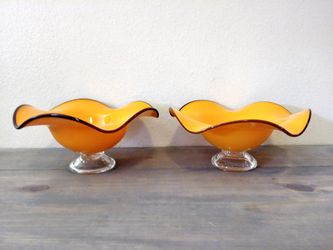 Teleflora orange art glass Pedestal bowls