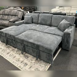 Dark gray corduroy oversized sectional pullout sleeper bed