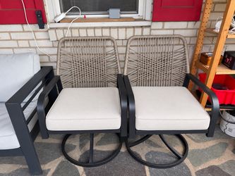 Swivel Patio Dining Chairs, Set of 2, Rattan, Wrought Iron Outdoor waterproof cushioned chairs, metal frame, armrests, supports 300 lb. Rust-resistant