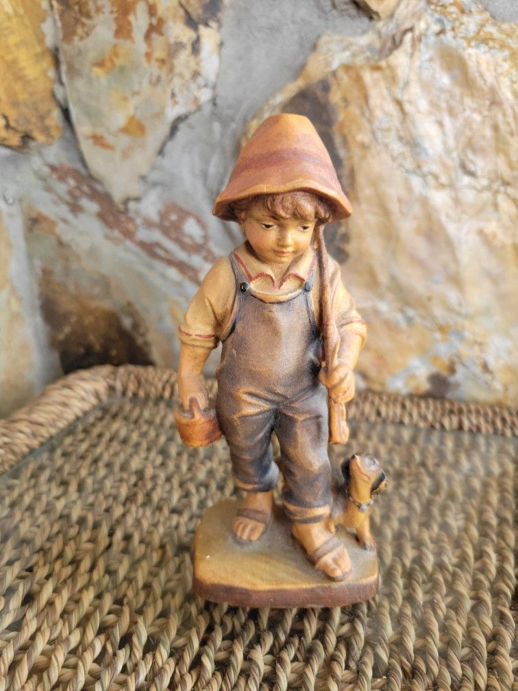 Vintage Original Ernst Huber 824 Hand-carved Painted Boy & Dog Statue 5.5” Tall