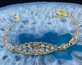 $1400 Three Tone Yellow White and Rose Gold Quinceañera Quince ID Link Bracelet
