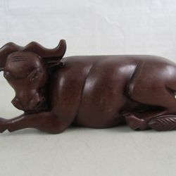 Vintage Hand Carved Wooden Bull Sculpture 11 1/2" Length


