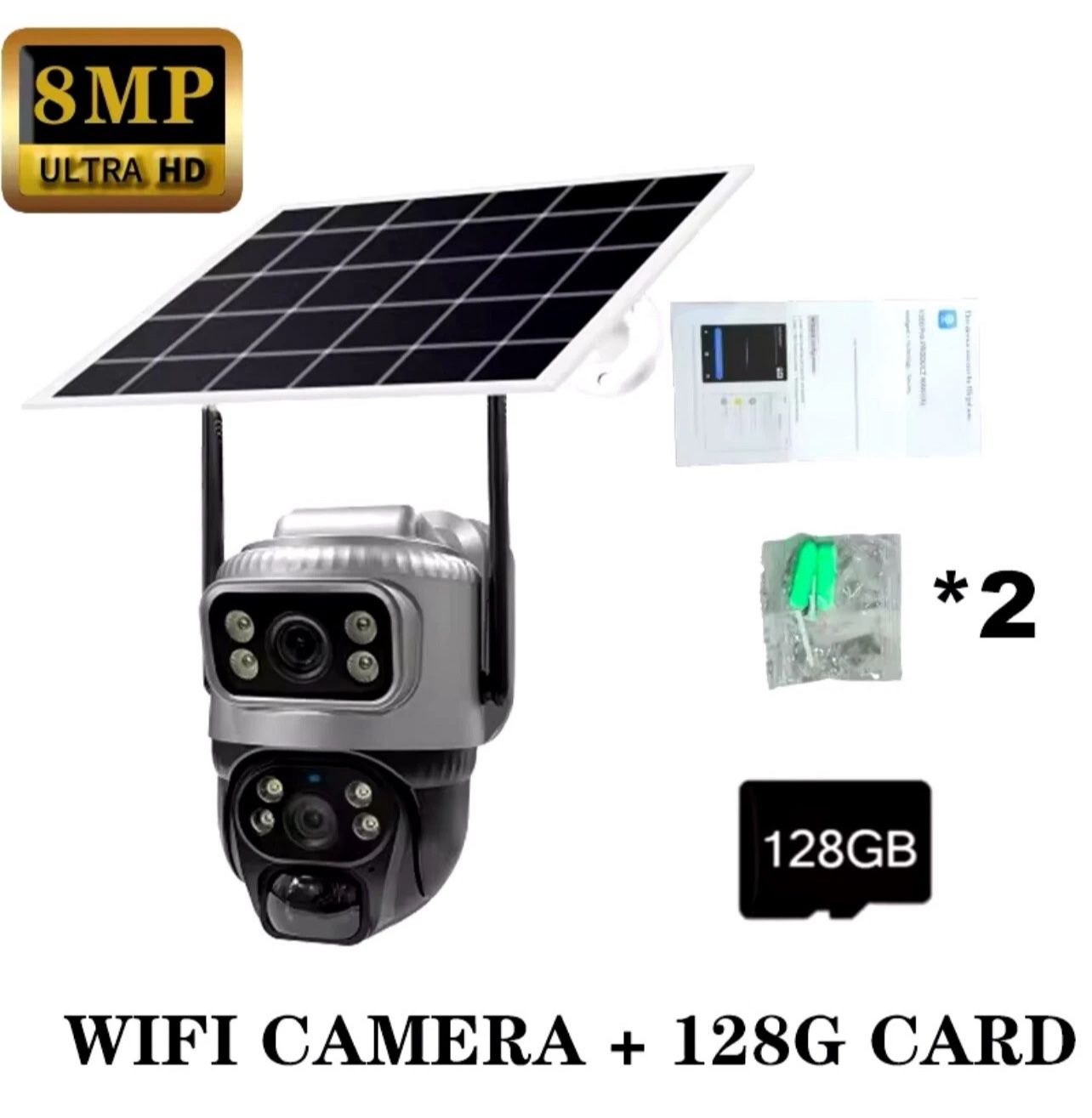 Dual Lens 4M Outdoor Solar PIR Human Detection Camera PTZ Wifi + 128G SD card