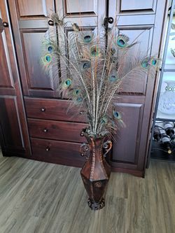 Peacock Feather Arrangement Decor - Metal Vase - Approx 4 ft Tall