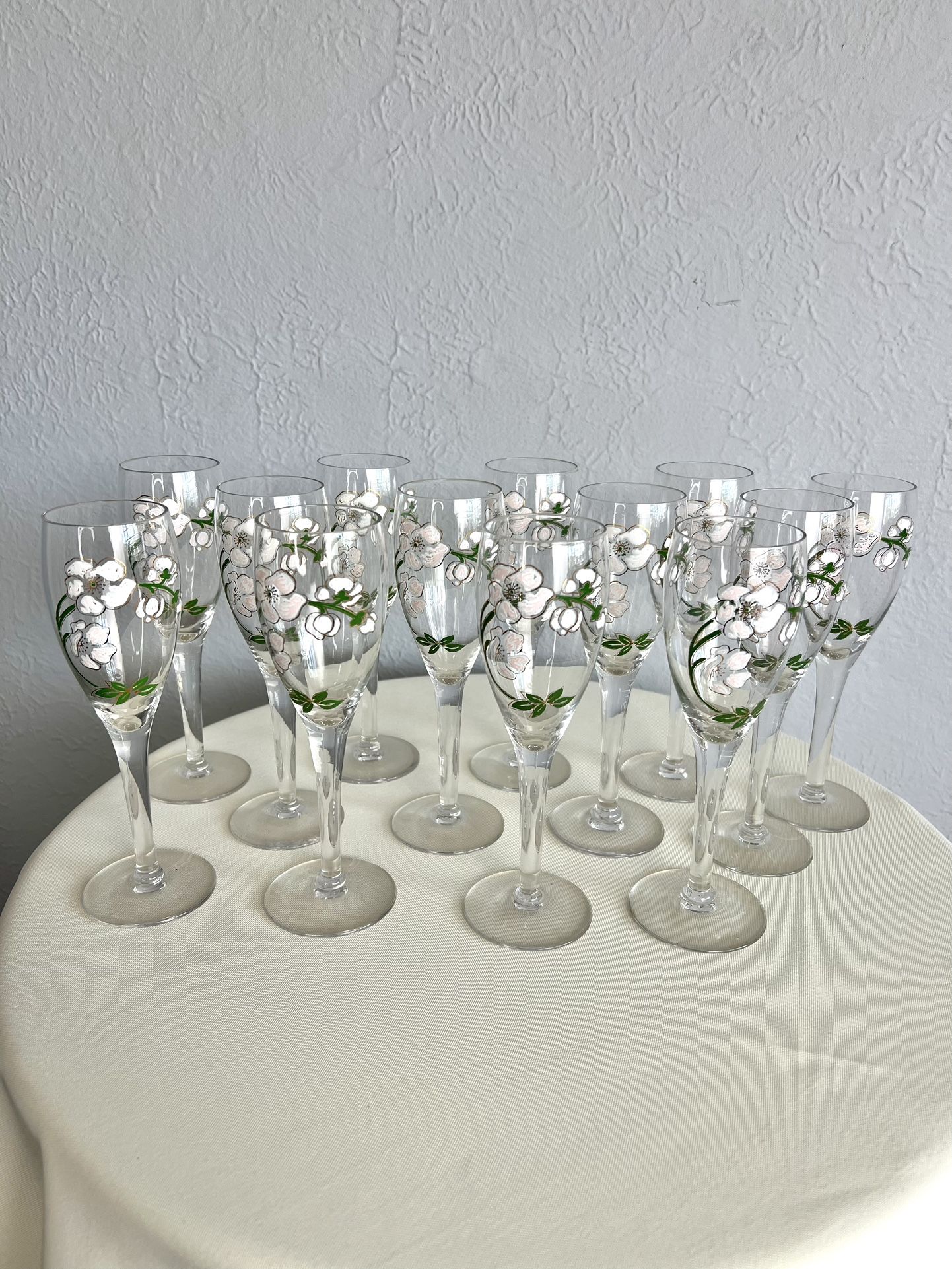 Set of 13 Vintage Perrier-Jouët Hand-Painted Flower Champagne Flute Glasses