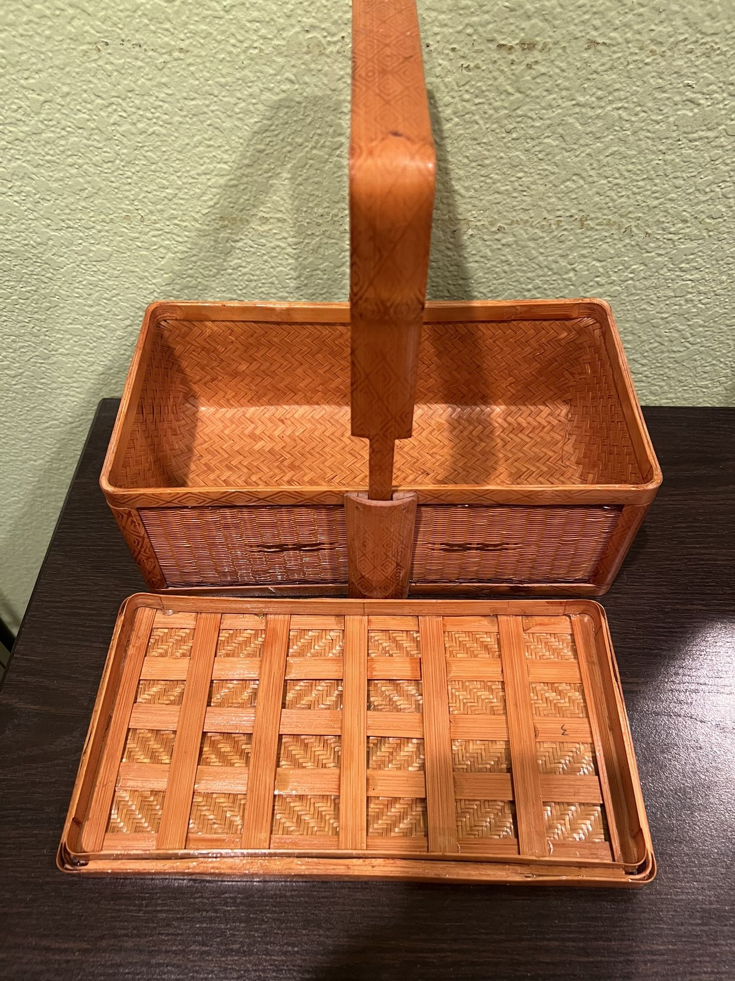 Vintage Chinese Rattan Food Picnic Three Tier Basket 1950s 9”Hx 11”Wx6”D