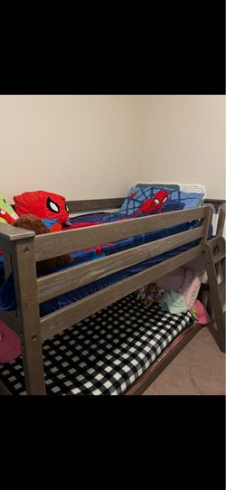 Twin over Twin Wooden Bunk Bed - Gray Finish, Like New! (Mattresses NOT Included)