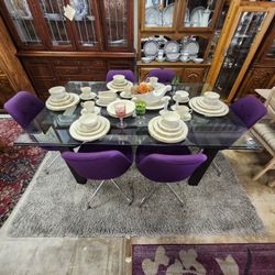 Modern Glass Dining Set with 6 Vibrant Purple Chairs