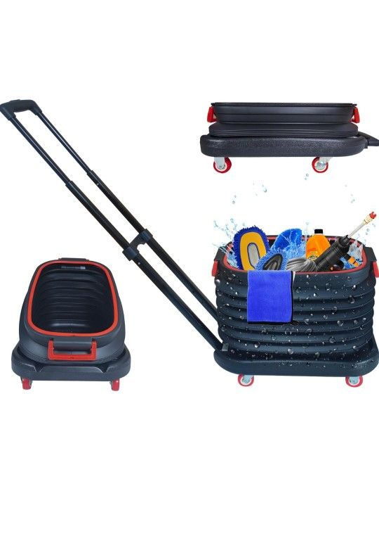 Accordion Design Car Wash Bucket,Bucket Dolly with Lid and 4 Wheels,Effortlessly, for Car Washing, Car Detailing, Camping, Barbecue, etc.,Foldable and