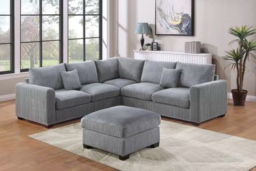 Gray Corduroy Sectional Sofa with Ottoman