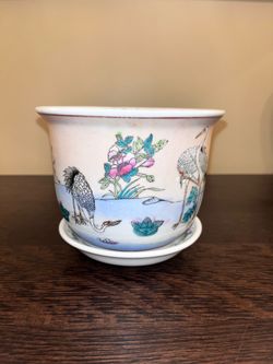 Vintage Chinoiserie Porcelain Crane Planter with Matching Saucer Tray
