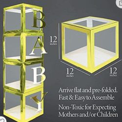 Baby Shower Boxes Party Decorations – 4 pcs Gold Transparent Partry Boxes Decor with Gold Letter,