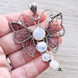 Rainbow Moonstone Sterling Silver Dragon/Butterfly 2.5” Necklace Pendant