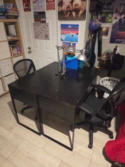 Ikea 2 desk, and mesh2 office chair, 2 sets of  desk lamps.