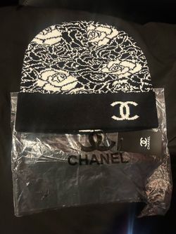 CC Knit Beanie Hat Black White Floral