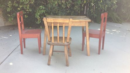 Childs antique small wooden table and chairs