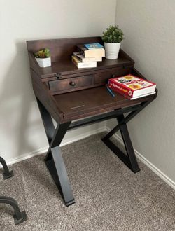 Distressed Antique Cognac and Black Wood Secretary Desk