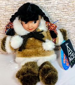 Ace Alaskan Eskimo 10" Plush Baby Doll. Tiny dot on right cheek.

