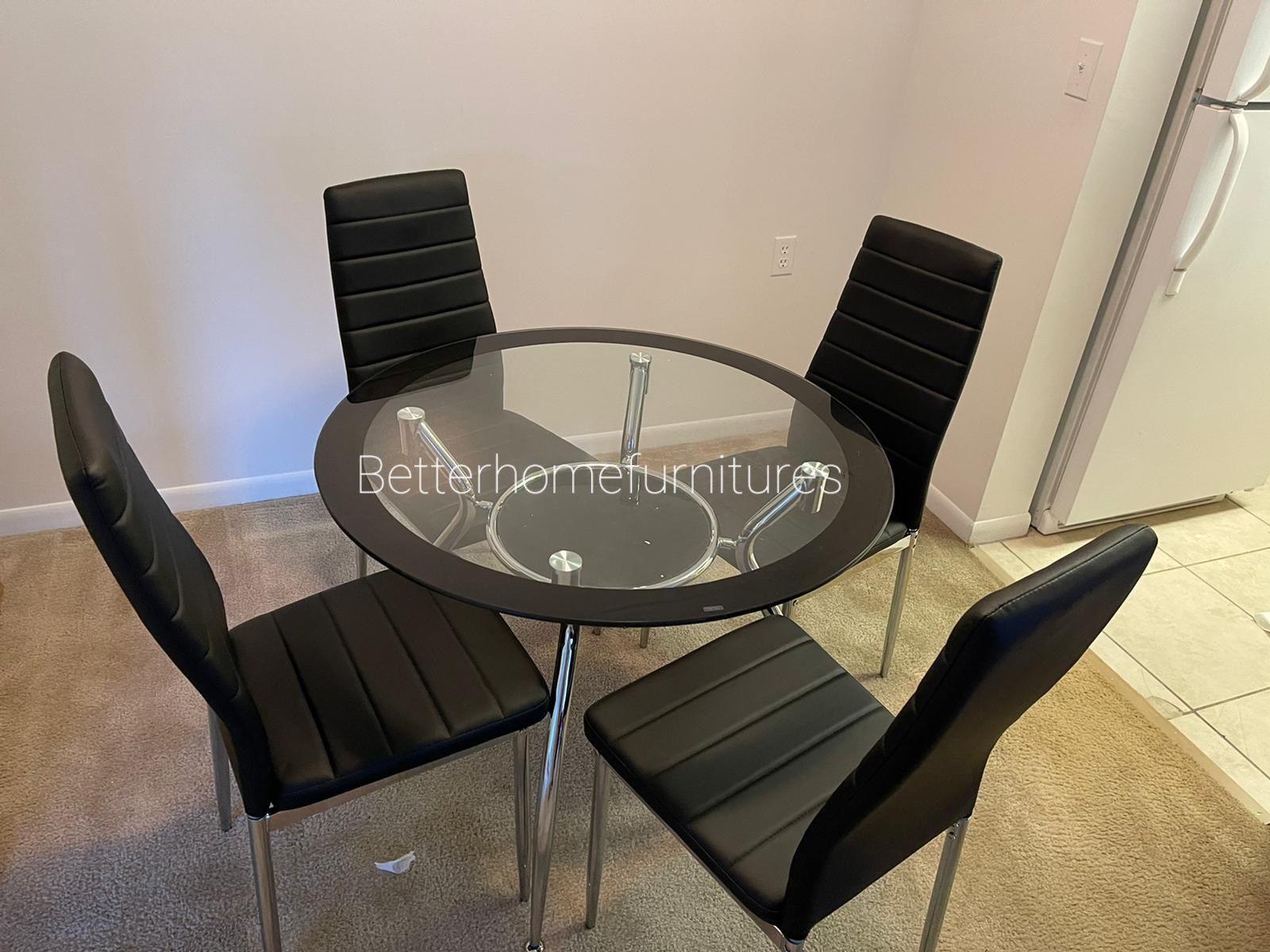 Brand new 5-piece Modern dining table, Dining room table, Dining set with Glass Tabletop and 4 chairs ( available in Grey, White, Black and Red).