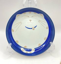 Smiling Happy Chubby Cat Porcelain Noodle Rice Soup Bowl Blue by Warai Neko Japan