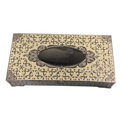 TR Music Jewelry Box Large Silver Tone Cream Enamel Hinged Victorian Chic Gift