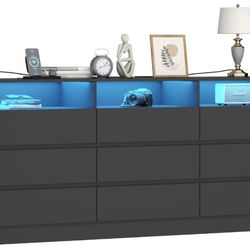Black Dresser with Built-in Power Outlet & LED Lights – 63” x 15.7” x 31.5”