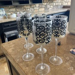Vintage Set of 5 Clear Glass Filigree Paint Tall Footed Candle Holder Glasses 12oz 