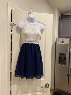 Holiday Dress Blue Bottom With Cream Lacy Top