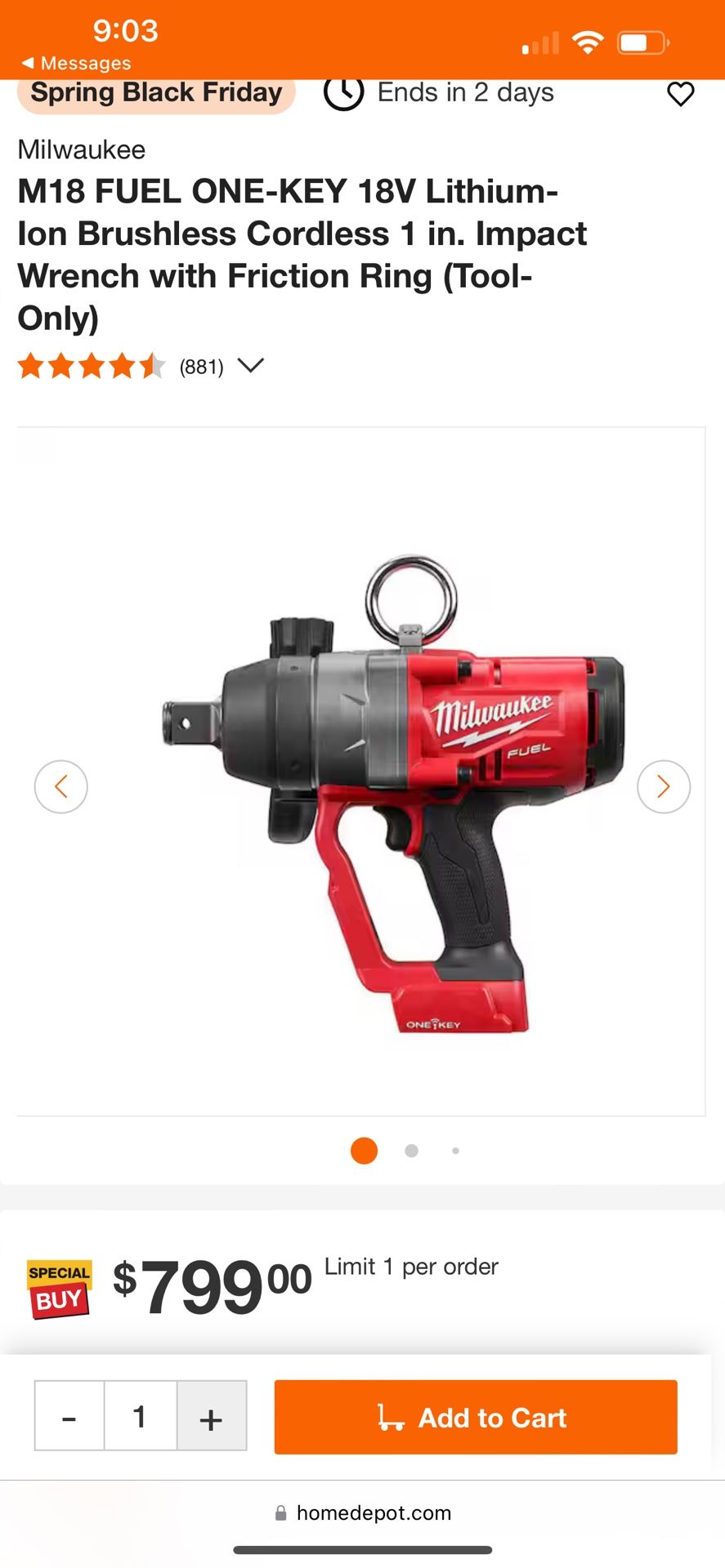 Milwaukee M18 Fuel 1 in. High Torque Impact Wrench 
