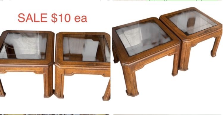 2 side end tables $10 each or $20 both. Excellent condition. Measurements: 21x21x17H. 