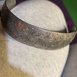 Vintage Kirk Stieff Etched Flower of the Month Aster Pewter Cuff Bracelet 