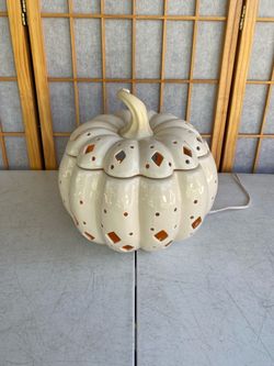 New Lighted White Ceramic Pumpkin 10”x10” Size