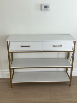 White & Gold Console Table with 2 Drawers and 2 Shelves