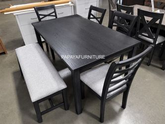 Modern Black Wooden Dining Table Set Bench and Chair Kitchen Room Apartment Modern Mid Century Contemporary Living Style Discount Furniture BIG SALE