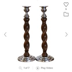 1920 pair of english carved oak and silver plated barley twist candle sticks