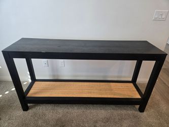 Black Wood Console Table with Rattan Shelf