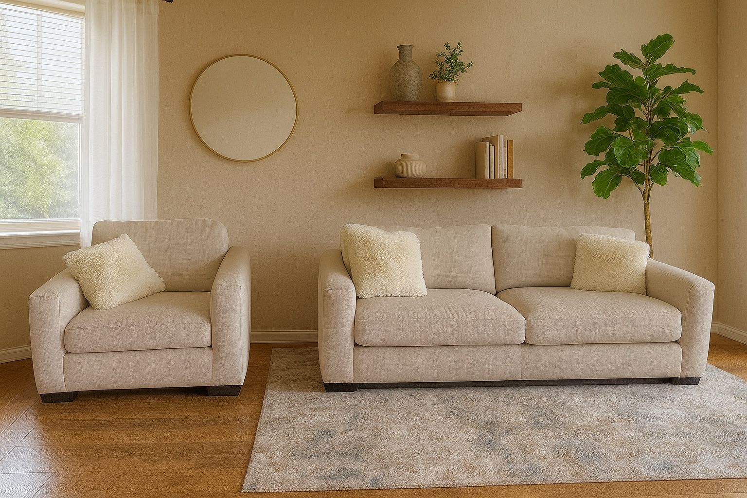 Beige Sofa Couch & Oversized Chair Set – Modern Living Room Furniture, Feather Down Cushions