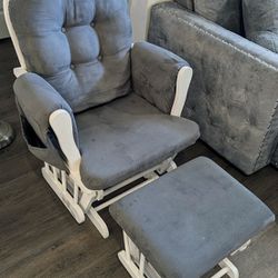 Modern Grey Rocking Chair with Side Pouches and Ottoman - Like New!