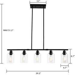 39.4" Kitchen Island Lighting, 5 Lights Clear Glass Pendant Light Fixtue, Black Linear Metal Chandelier 