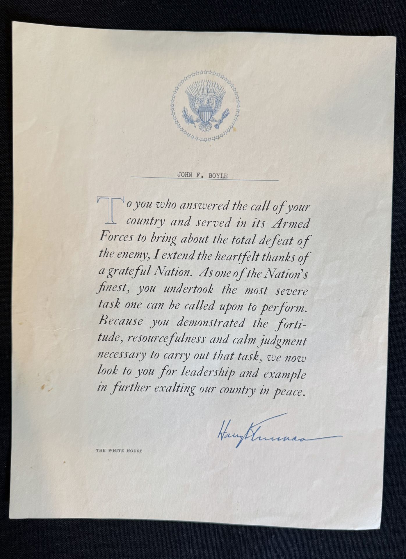 Harry Truman Signed 1945 Post WWII Armed Forces Thank You Letter